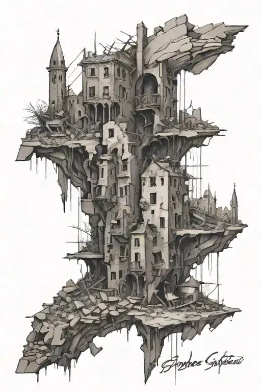 city scape left side same city scape right side in ruins  tattoo design idea
