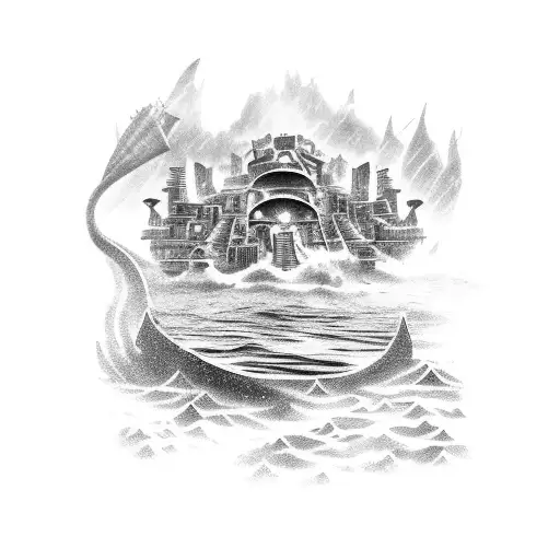 A tattoo depicting the mythical lost city of Atlantis, with underwater elements and a touch of fantasy tattoo design idea