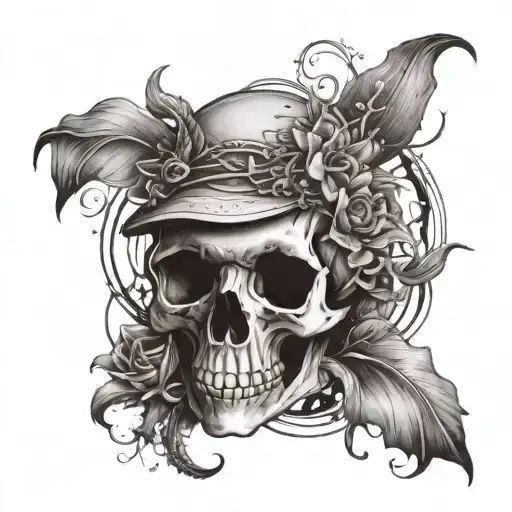 A skull surrounded by a wreath of tiger lilies and space elements, symbolizing the cycle of life and death tattoo design idea