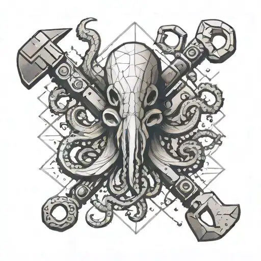 octopus holding a hammer and drill bit tattoo design idea