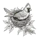 a cardinal bird in a nest with "Live Like Vicki" written in the branches tattoo design idea
