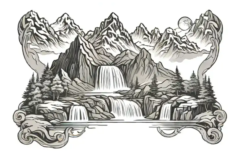 mountain range with waterfall flowing tattoo design idea