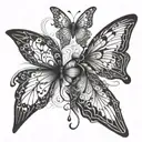 A surrealistic interpretation of the number 33 intertwined with butterfly wings tattoo design idea