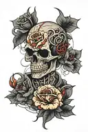 skull, roses, time clock, oni mask split tattoo design idea