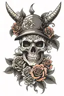 skull, roses, time clock, oni mask split tattoo design idea