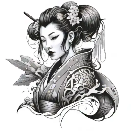 A geisha adorned with futuristic cybernetic enhancements tattoo design idea