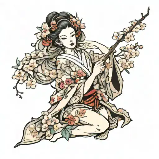full body sexy nude geisha, sakura flowers tattoo design idea