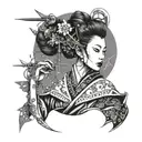 A geisha adorned with futuristic cybernetic enhancements tattoo design idea