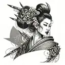 A geisha adorned with futuristic cybernetic enhancements tattoo design idea
