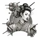 A geisha adorned with futuristic cybernetic enhancements tattoo design idea