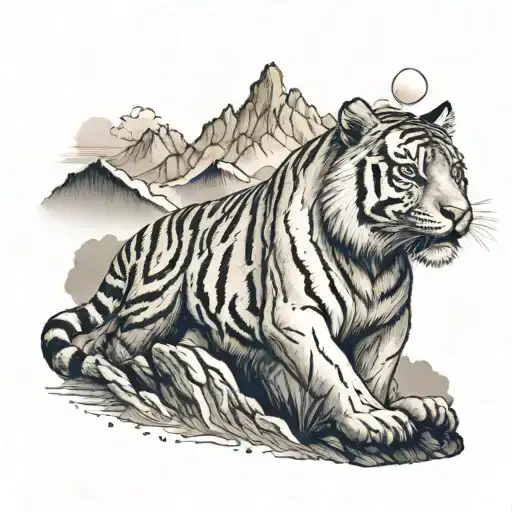 A tiger standing on top of a mountain peak, representing strength and resilience in the face of environmental challenges tattoo design idea