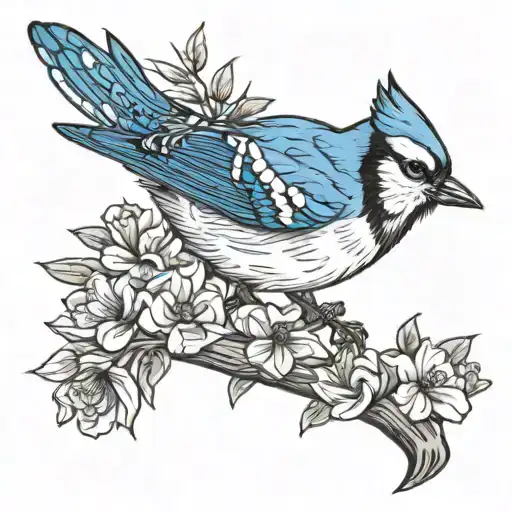 floral tree blue jay  tattoo design idea