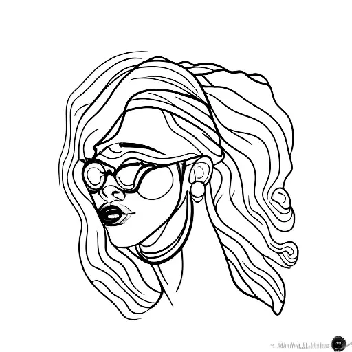 head of a woman in profile with a yellow bandana and red lips drawn with a line, she is decorated with a line above and  tattoo design idea