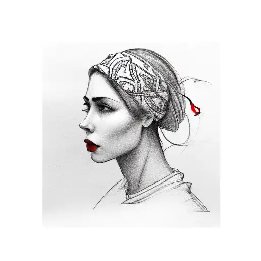 head of a woman in profile with a yellow bandana and red lips drawn with a line, she is decorated with a line above and  tattoo design idea