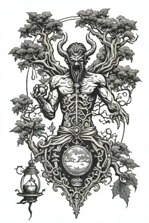 demon angel back tattoo holding hourglass with a tree inside on the bottem and upside down dying and feding the tree  tattoo design idea