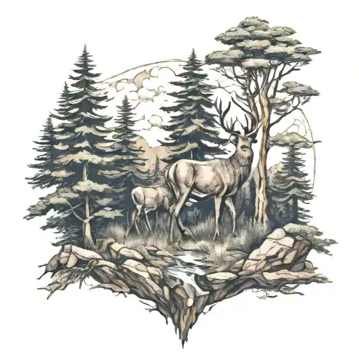 deer cliff forest landscape tattoo design idea