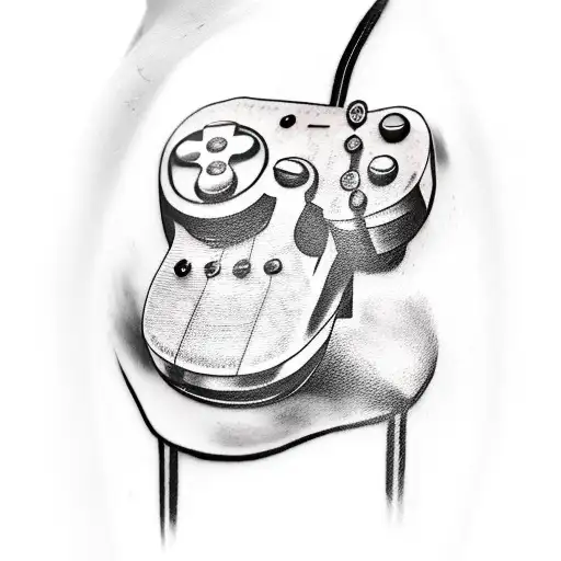 A realistic tattoo of a gaming controller morphing into a guitar with meaningful lyrics written on it tattoo design idea