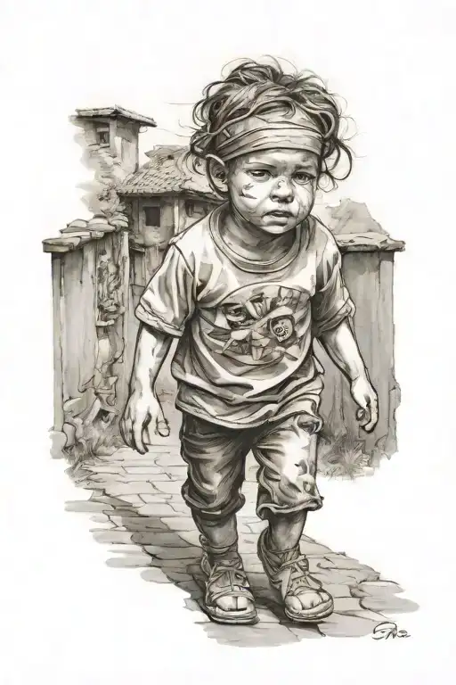 child with a blind fold guided down a pathway  tattoo design idea