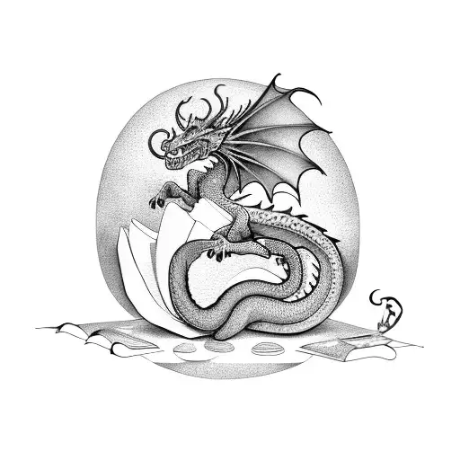 A dragon emerging from a book of poetry in dotwork style tattoo design idea