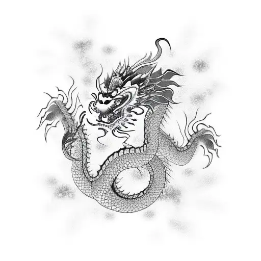 chinese dragon with abstract lines and asian flowers tattoo design idea