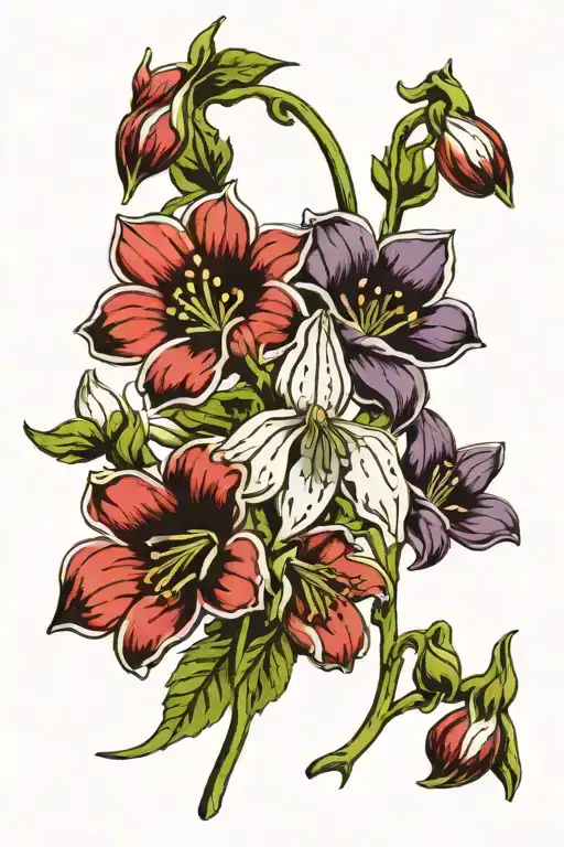 snowdrop flower intertwined, carnation flowers intertwined, aster flower intertwined, morning glory flower intertwined tattoo design idea