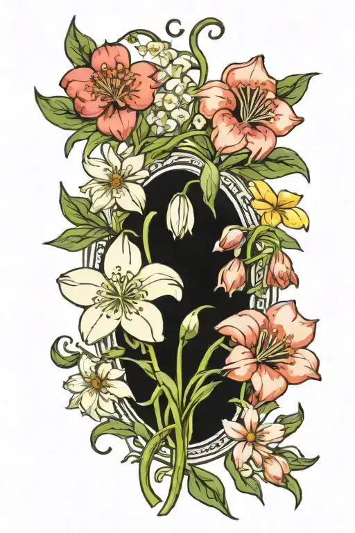 snowdrop flower intertwined, carnation flowers, aster, morning glory, sun, moon tattoo design idea
