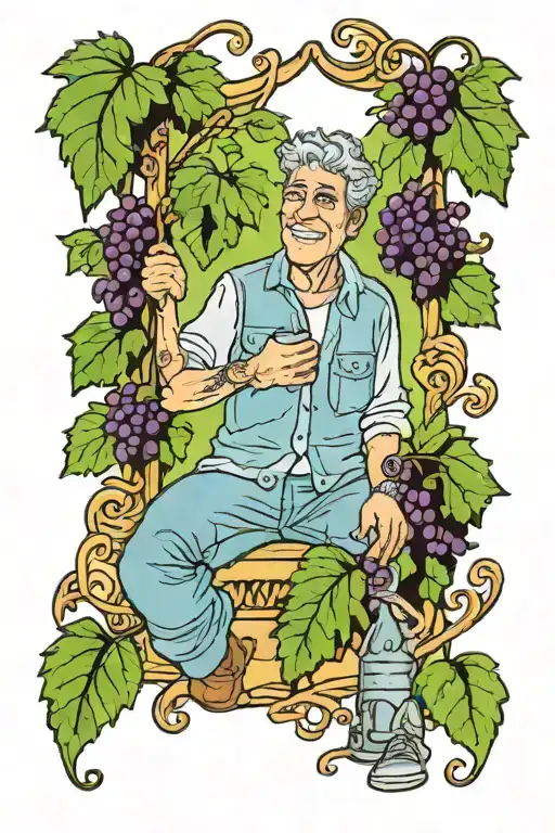 A whimsical tattoo of Anthony Bourdain exploring a vineyard in a new-school style tattoo design idea