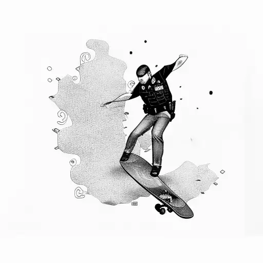 Police officer doing a kickflip on a skateboard tattoo design idea
