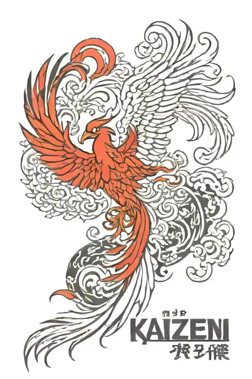phoenix with japanese "kaizen" phrase tattoo design idea
