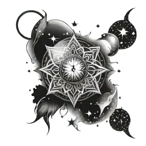 A mandala-inspired tattoo design incorporating elements of faith and self growth, with stars and moons woven into the intricate patterns tattoo design idea