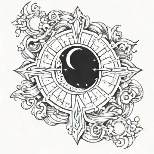 A celestial-themed tattoo featuring a sun, moon, and stars intertwined with a cross symbolizing faith and self growth tattoo design idea