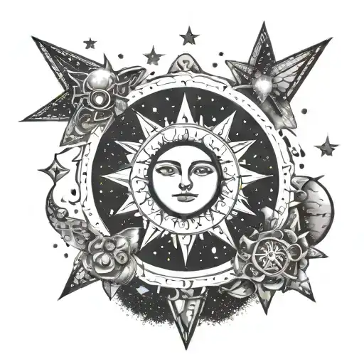 A celestial-themed tattoo design featuring a sun surrounded by stars and moons, symbolizing the balance between light and darkness in your life tattoo design idea