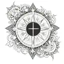 A celestial-themed tattoo featuring a sun, moon, and stars intertwined with a cross symbolizing faith and self growth tattoo design idea