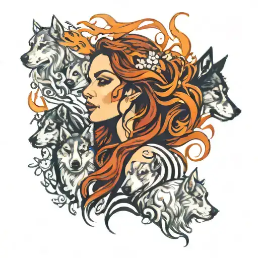 A beautiful woman with flowing hair made of flames, surrounded by a pack of loyal dogs in a vibrant nature scene tattoo design idea