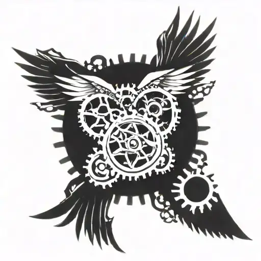 gear wheel surrounded by 2 wings and bloody cuts and in the middle of the gear there is a infinity sign kinda bloody tattoo design idea