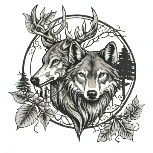 wolf and deer head with trees tattoo design idea