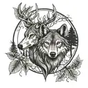 wolf and deer head with trees tattoo design idea