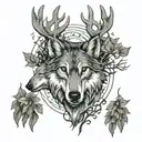 wolf and deer head with trees tattoo design idea