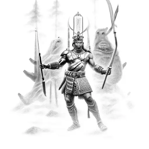A black and grey tattoo of a warrior holding a rifle and surrounded by iconic gods from different mythologies, signifying protection and wisdom. tattoo design idea