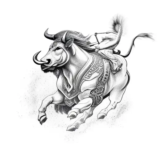 A fierce warrior riding a majestic bull into battle tattoo design idea