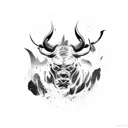 A powerful black and white tattoo of a roaring bull with visible scars, representing strength and determination. tattoo design idea