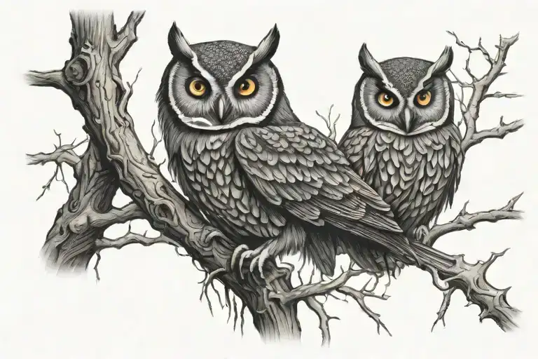 creepy owl perched on a branch surronded by dead trees tattoo design idea