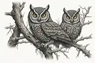 creepy owl perched on a branch surronded by dead trees tattoo design idea