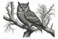 creepy owl perched on a branch surronded by dead trees tattoo design idea