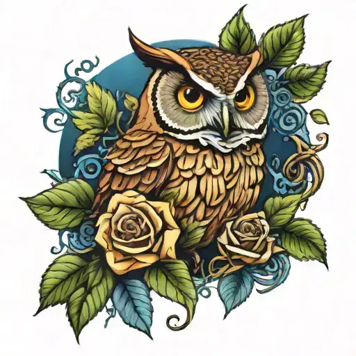 vines and leaves intertwined roses surrounding blue eyed owl. tattoo design idea
