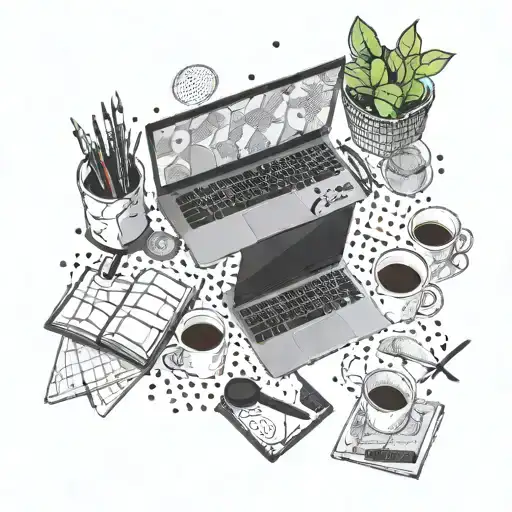 A freelancer's workspace filled with coffee mugs, laptops, and scattered papers, with a sense of chaos and creativity tattoo design idea