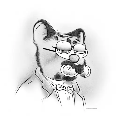 A black and grey portrait of Garfield smoking a pipe tattoo design idea