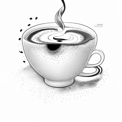 A steaming cup of coffee surrounded by swirling coffee beans tattoo design idea