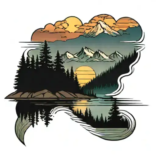 mountains evergreen trees colors sunset over lake tattoo design idea