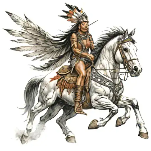 Beautiful Native American female warrior riding a horse tattoo design idea